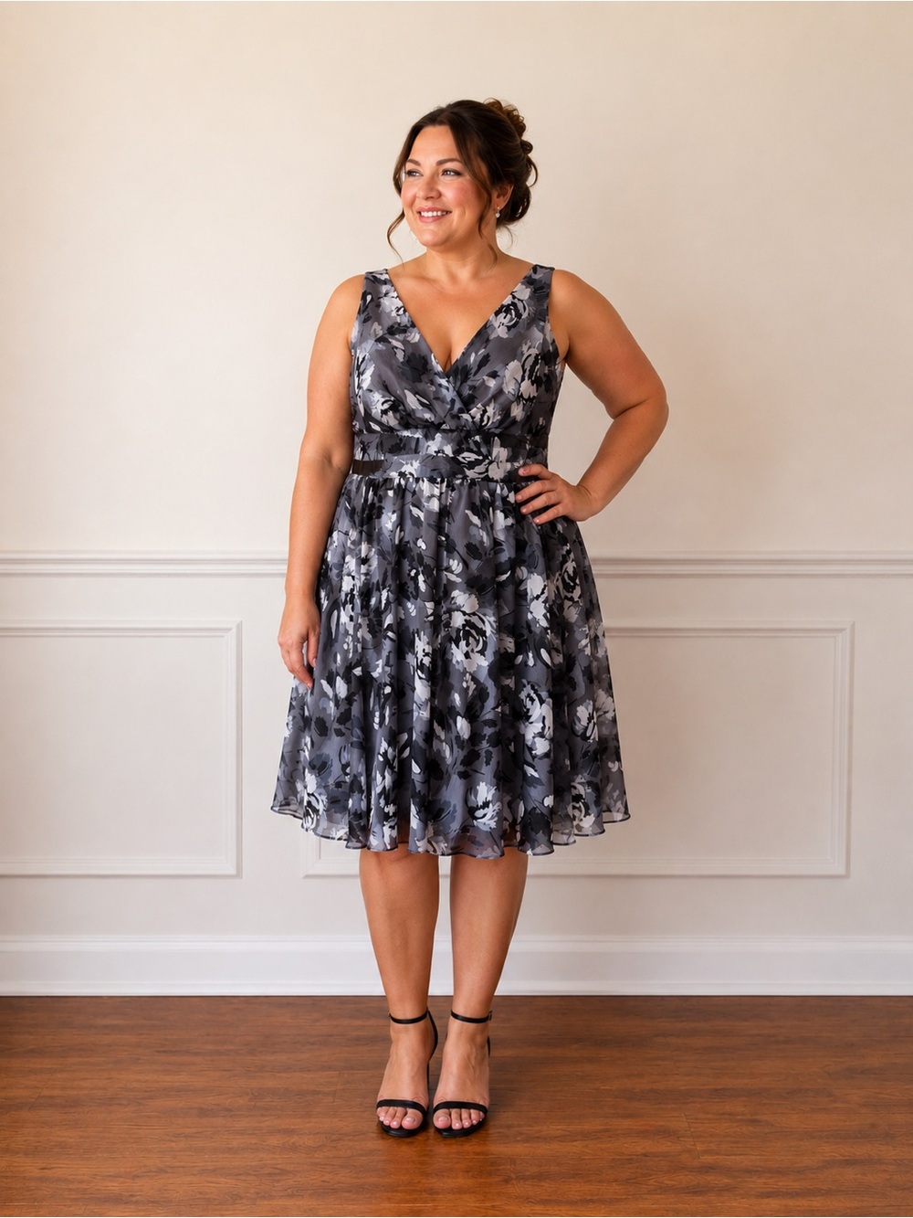 Studio I Sleeveless Floral Midi Dress in Gray and Black